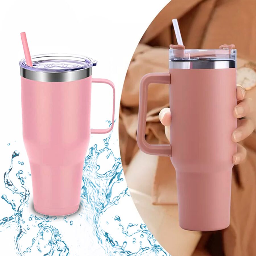 Copo Térmico Aço Inox 1200ml Caneca C/ Alça Canudo Água Gelada Quente Cor:Rosa