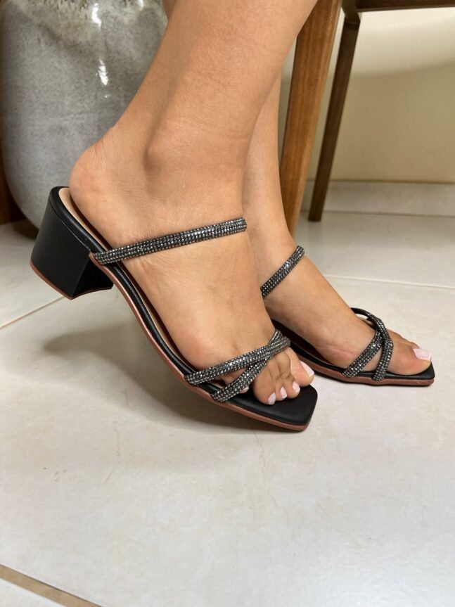 Tamanco Feminino Manta Strass Salto Bloco AM1145